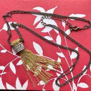 Modern rhinestone gunmetal tassel necklace